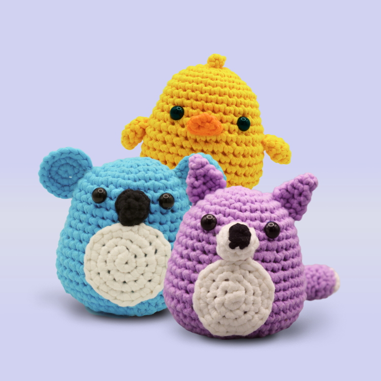 Wolfie, Chick e Kolin — três mascotes Snugbuns acabados