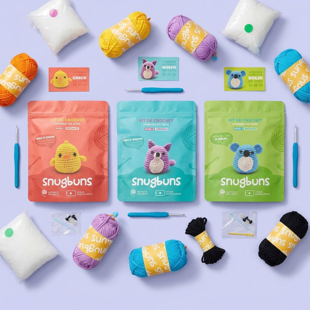 Kit Snugbuns Trio Maravilha: fio, agulha, olhos, enchimento, padrão em vídeo