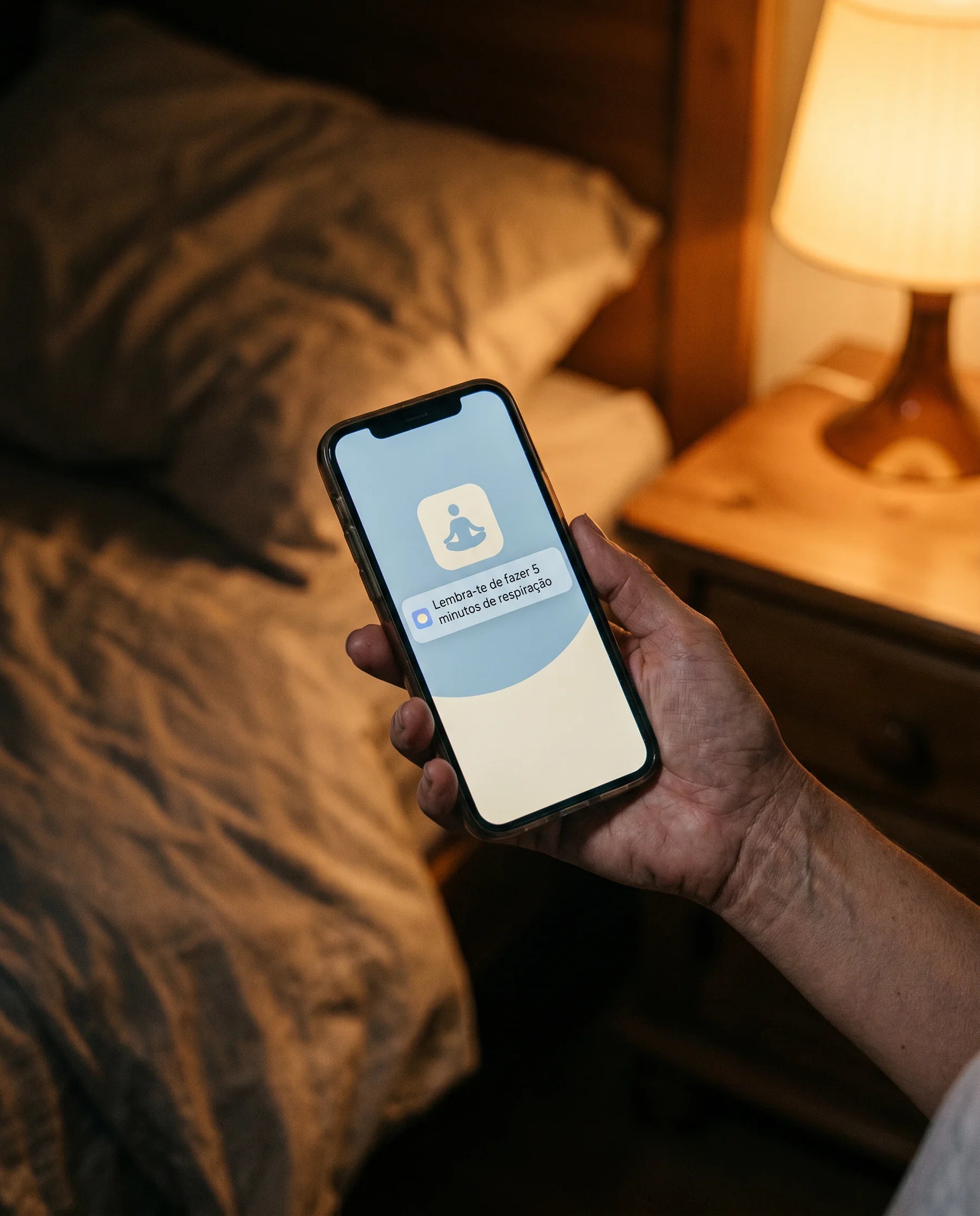 Mão a segurar telemóvel com notificação de aplicação de meditação